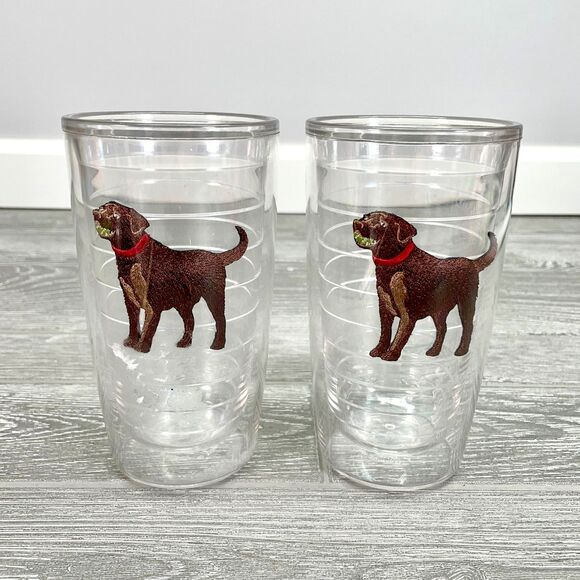 Two Tervis 16oz Clear Tumblers Cups Brown Chocolate Labrador Retriever Dogs - Picture 1 of 8